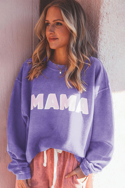 Purple MAMA Ribbed Crew Neck Pullover Sweatshirt-Tops-MomFashion