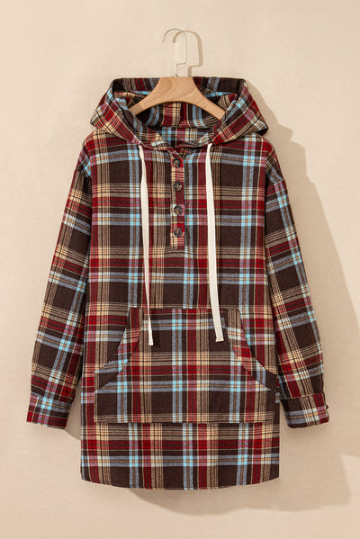 Red Plus Size Plaid Kangaroo Pocket Drawstring Hoodie-Plus Size-MomFashion