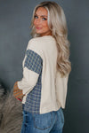 Smoke Gray Plaid Patchwork Raw Seam Long Sleeve Top-Tops-MomFashion