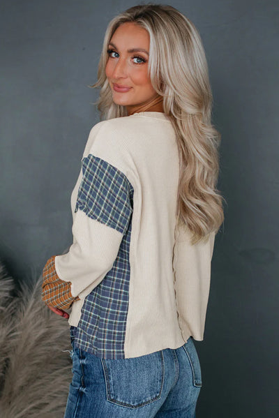 Smoke Gray Plaid Patchwork Raw Seam Long Sleeve Top-Tops-MomFashion