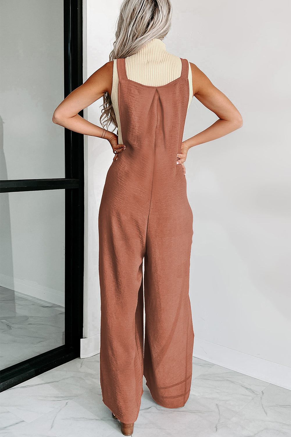 Gold Flame Textured Buttoned Straps Ruched Wide Leg Jumpsuit-Bottoms-MomFashion