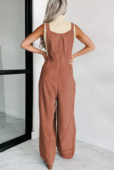 Gold Flame Textured Buttoned Straps Ruched Wide Leg Jumpsuit-Bottoms-MomFashion