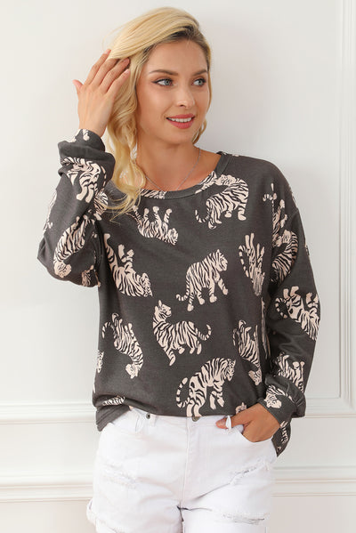 Lively Tiger Print Casual Sweatshirt-Tops-MomFashion