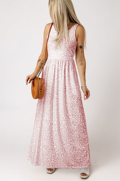 Pink Leopard Print Pocketed Sleeveless Maxi Dress-Dresses-MomFashion