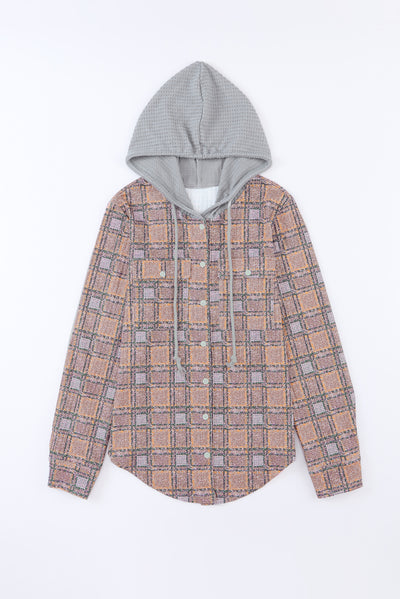 Purple Plaid Contrast Hooded Drawstring Shacket-Outerwear-MomFashion