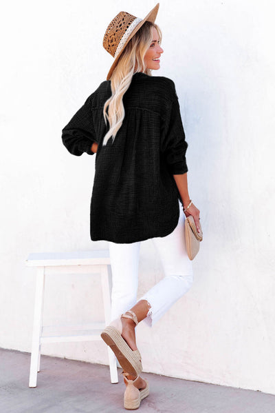 Black Crinkle Textured Loose Henley Top-Tops-MomFashion