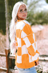 Orange Checkered Bishop Sleeve Sweater-Tops-MomFashion