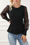 Black Leopard Mesh Puff Sleeve Patchwork Slim Fit Top-Tops-MomFashion