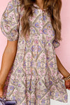 Pink Floral Button Shirt Collar Puff Sleeve Ruffle Dress-Dresses-MomFashion