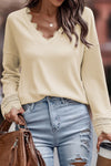 Apricot Ribbed Texture Lace Trim V Neck Long Sleeve Top-Tops-MomFashion