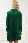 Green Long Sleeve Ruffle Velvet Button Up Dress-Dresses-MomFashion