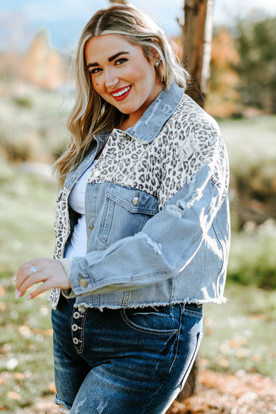 Blue Plus Size Leopard Ripped Cropped Denim Jacket-Plus Size-MomFashion