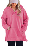 Bright Pink Textured Zipped Neckline Kangaroo Pocket Sweatshirt-Tops-MomFashion