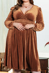 Camel Surplice V Neck Balloon Sleeve Velvet Dress-Plus Size-MomFashion