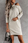 Khaki Single Cold Shoulder T-shirt Dress with Slits-Dresses-MomFashion