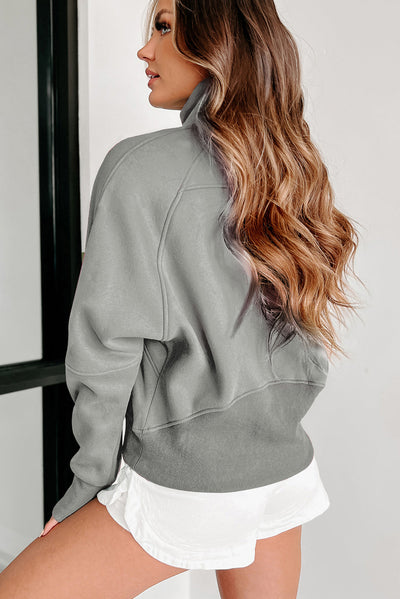 Gray Zip Up Stand Collar Ribbed Thumbhole Sleeve Sweatshirt-Tops-MomFashion