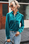 Green Frilled Neck Buttoned Front Velvet Top-Tops-MomFashion