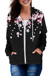 Black Cherry Blossoms Print Pocketed Zipped Hooded Coat-Outerwear-MomFashion