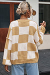 Khaki Checkered Bishop Sleeve Sweater-Tops-MomFashion