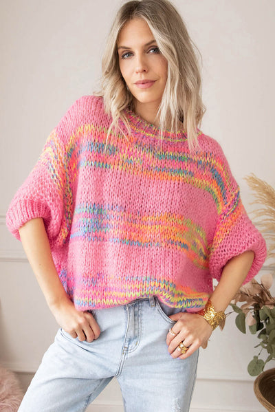 Rose Colorful Stripes 3/4 Sleeve Loose Sweater-Tops-MomFashion