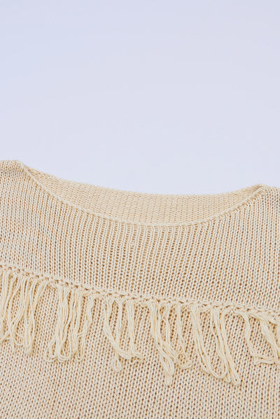 Khaki Boho Tasseled Knitted Sweater-Tops-MomFashion