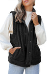 Black Snap Button Pocketed Sherpa Vest Jacket-Outerwear-MomFashion