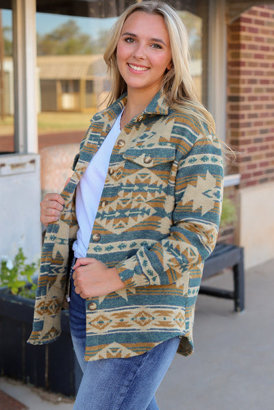 Blue Western Aztec Print Button Flap Pocket Shacket-Outerwear-MomFashion