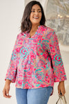 Rose Plus Size Paisley Print V Neck Roll Tab Sleeve Blouse-Plus Size-MomFashion