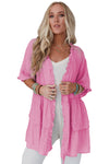 Pink Ruffled Trim Half Sleeve Open Front Kimono-Outerwear-MomFashion