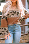 Leopard Colorblock Patchwork V-Neck Loose Sleeve Knit Top-Tops-MomFashion