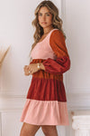 Corduroy Striped Square Neck Long Sleeve Dress-Dresses-MomFashion