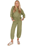 Laurel Green Waffle Knit Long Sleeve Top Drawstring Joggers Set-Loungewear-MomFashion