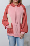 Pink Drawstring Pullover Pocketed Colorblock Sweatshirt-Tops-MomFashion