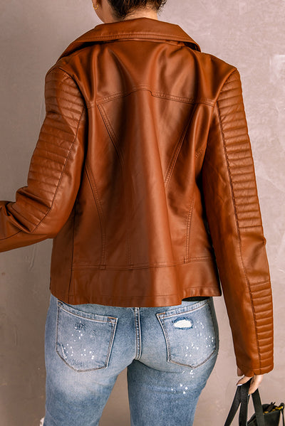 Brown Ribbed Seam Detail Faux Leather Zipped Motorcycle Jacket-Outerwear-MomFashion