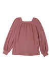 Square Neck Puff Sleeve Waffle Knit Top-Tops-MomFashion