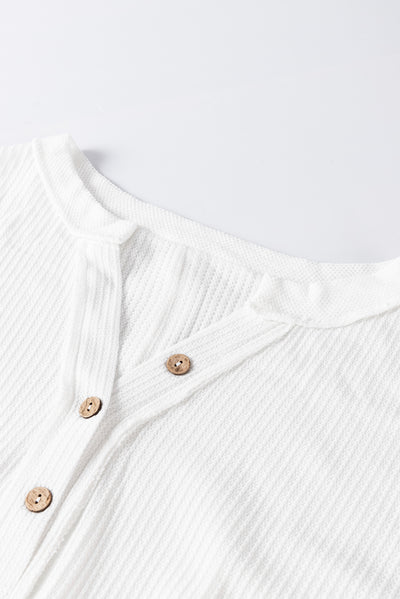 White Contrast Patched Exposed Seam Waffle Knit Henley Top-Tops-MomFashion