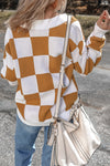 Brown Contrast Checkered Print Button Up Sweater Cardigan-Tops-MomFashion