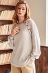 Parchment Contrast Lace Raglan Sleeve Buttoned Ribbed Top-Tops-MomFashion