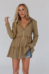 Khaki Tiered Ruffled Zip-Up Drawstring Hooded Jacket-Outerwear-MomFashion