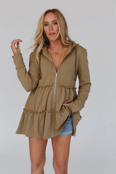 Khaki Tiered Ruffled Zip-Up Drawstring Hooded Jacket-Outerwear-MomFashion