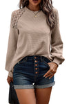 Khaki Lace Long Sleeve Textured Pullover-Tops-MomFashion