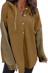 Brown Button Up Contrast Knitted Sleeves Hooded Jacket-Outerwear-MomFashion