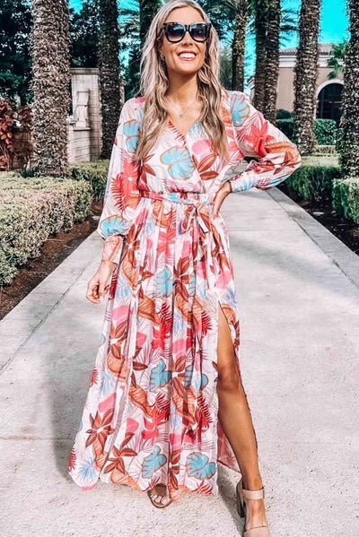 Tropical Plant Print Long Sleeve Wrap V-Neck Slit Maxi Dress-Dresses-MomFashion