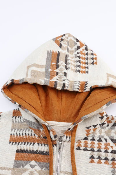 Beige Aztec Print Kangaroo Pocket Half-Zip Hoodie-Tops-MomFashion