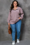 Plus Size Textured Knit Zip Neck Pullover-Plus Size-MomFashion