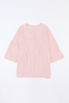 Pink Ribbed Roll-tab Sleeve Chest Pocket Oversize Top-Tops-MomFashion