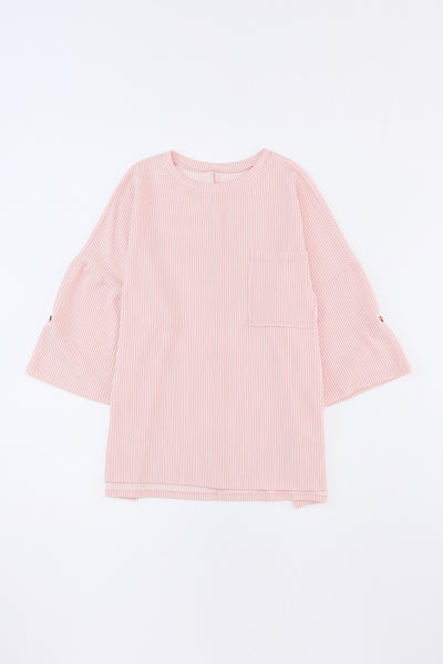 Pink Ribbed Roll-tab Sleeve Chest Pocket Oversize Top-Tops-MomFashion