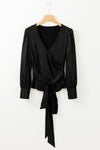 Black Glitter Wrap V Neck Tie Hem Puff Sleeve Blouse-Tops-MomFashion