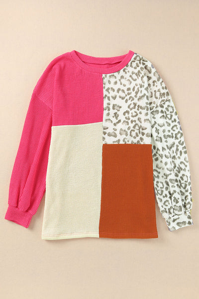 Rose Leopard Patchwork Color Block Ribbed Long Sleeve Top-Tops-MomFashion