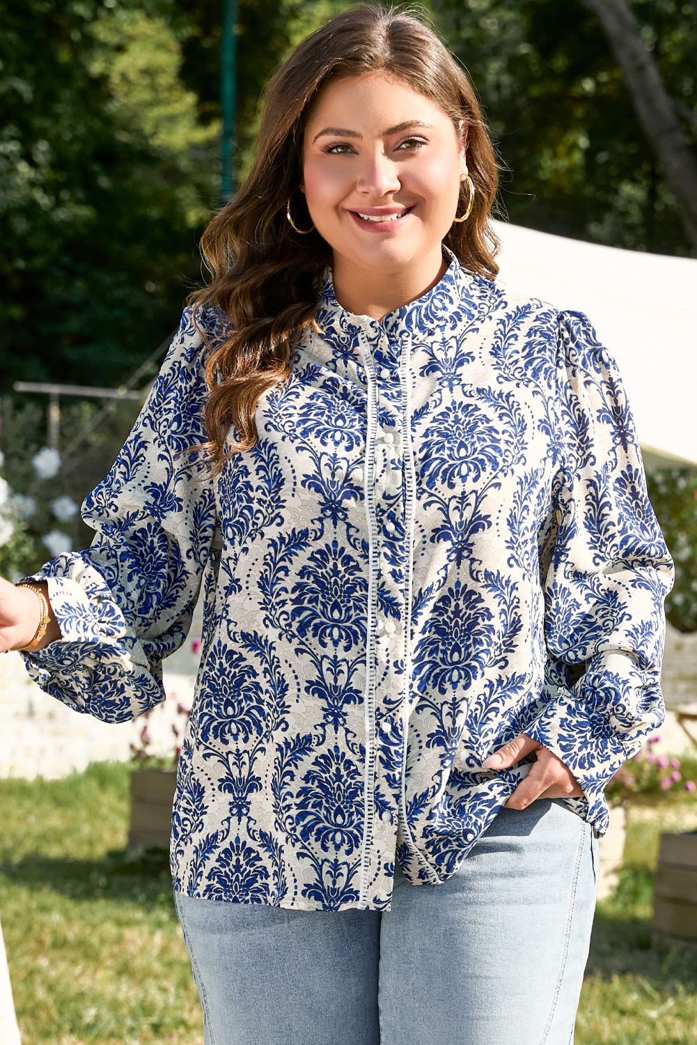 Sky Blue Tribal Pattern Print Notch Neck Buttoned Plus Size Shirt-Plus Size/Plus Size Tops/Plus Size Blouses & Shirts-MomFashion